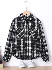 Boys Plaid Flap Pocket Tweed Overcoat - Black and White - View 1