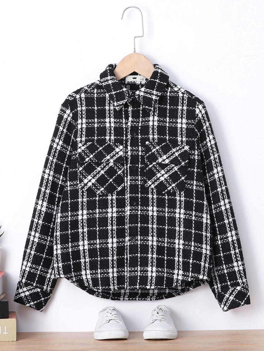 Boys Plaid Flap Pocket Tweed Overcoat - Black and White - View 1