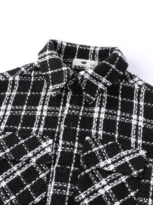 Boys Plaid Flap Pocket Tweed Overcoat - Black and White - View 3