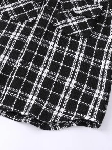 Boys Plaid Flap Pocket Tweed Overcoat - Black and White - View 4