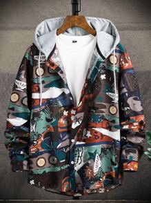 男士抽象印花拼接帽子襯衫不帶T恤 - 彩色 - 查看 1