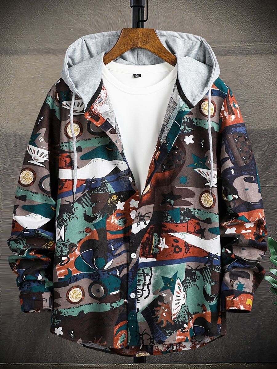 男士抽象印花拼接帽子襯衫不帶T恤 - 彩色 - 查看 1