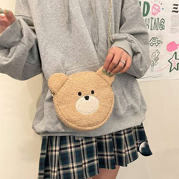 

Cartoon Bear Design Fluffy Crossbody Bag, Khaki