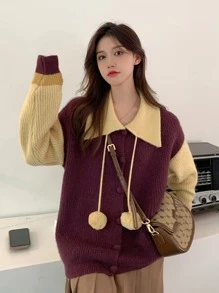 休闲撞色宽松女式长袖单排扣开衫，秋冬 - 彩色 - 查看 1