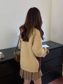 休闲撞色宽松女式长袖单排扣开衫，秋冬 - 彩色 - 查看 2