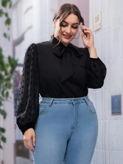 SHEIN LUNE Plus Tie Neck Bishop Sleeve Blouse