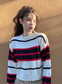 Sweater Crop Bergaris dengan Bahu Jatuh - MultiWarna - View 1