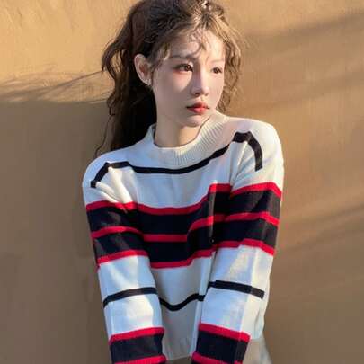 풀오버 스웨트 줄무늬 드롭 숄더 크롭