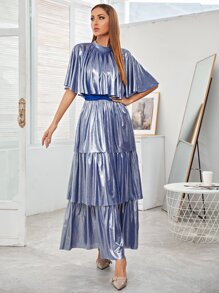 小高領多層下擺連衣裙 - 藍色 - 查看 1