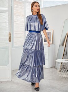 小高領多層下擺連衣裙 - 藍色 - 查看 3