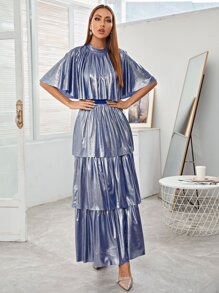 小高領多層下擺連衣裙 - 藍色 - 查看 4