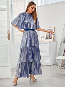 小高領多層下擺連衣裙 - 藍色 - 查看 6