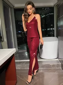 Sequin Cami Top - Burgundy - View 5