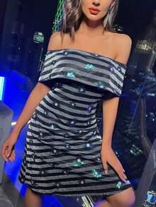 SHEIN Unity 亮片裝飾一字肩亮片連衣裙 - 彩色 - 查看 4