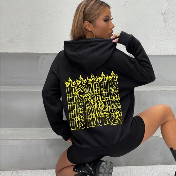 

Letter Graphic Kangaroo Pocket Drawstring Hoodie, Black