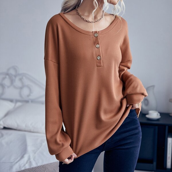 

Waffle Knit Drop Shoulder Tee, Brown