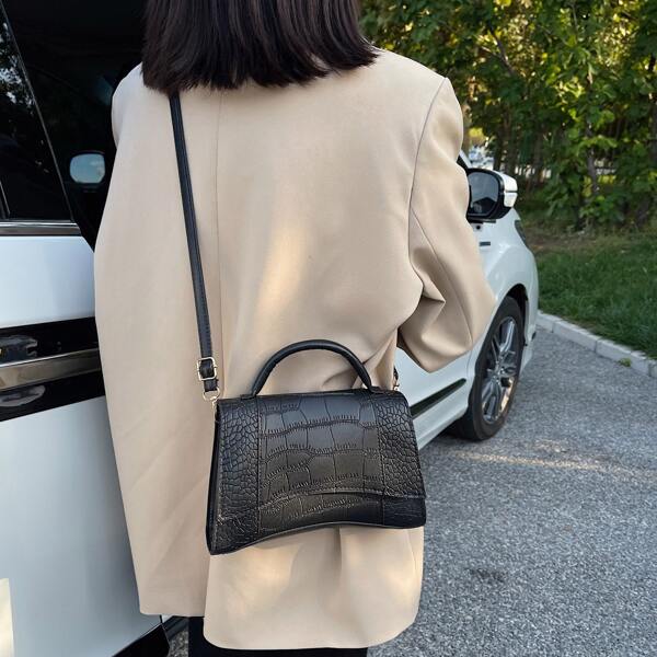 

Minimalist Crocodile Embossed Satchel Bag, Black