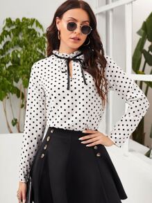 SHEIN Clasi 波點圖案繫帶領襯衫 - 白色 - 查看 1