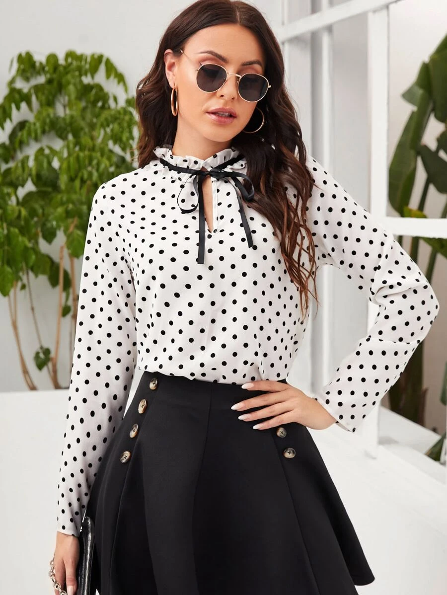 SHEIN Clasi 波點圖案繫帶領襯衫 - 白色 - 查看 1