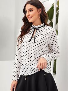 SHEIN Clasi 波點圖案繫帶領襯衫 - 白色 - 查看 4