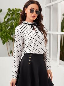 SHEIN Clasi 波點圖案繫帶領襯衫 - 白色 - 查看 5