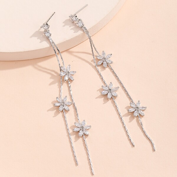 

Flower Decor Metal Tassel Earrings, Silver