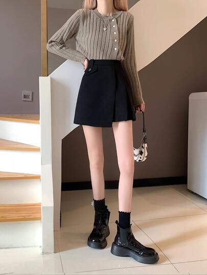 ブラック カジュアル オーバーラップ フロント スカート 春物