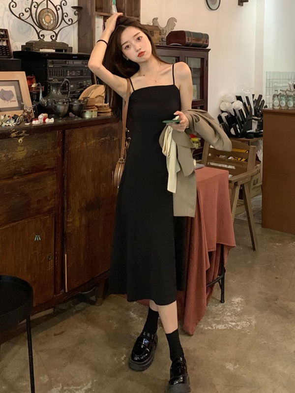 Solid Cami Dress Without Crop Blazer Casual Black Summer Elegant