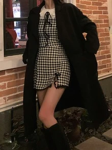 千鳥格蕾絲拼接下擺開叉不帶襯衫吊帶連衣裙 - 黑與白 - 查看 3