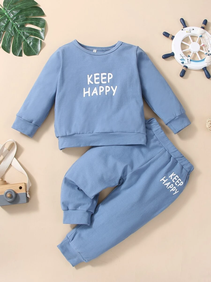 嬰兒標語圖案運動衫和衛褲 - 霧霾藍 - 查看 1