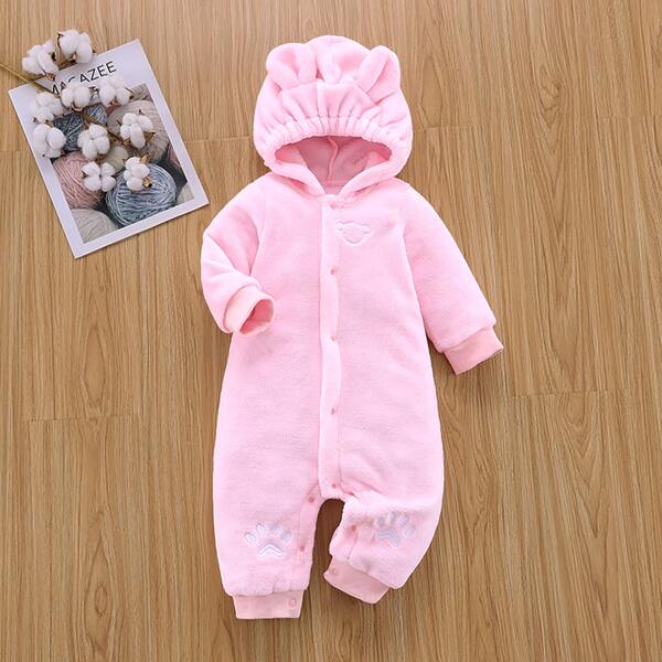 

Baby Bear Embroidered 3D Ear Design Hooded Teddy Jumpsuit, Pink