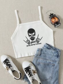 SHEIN EZwear Letter and Skull Print Rib-knit Crop Cami Top - White - View 1