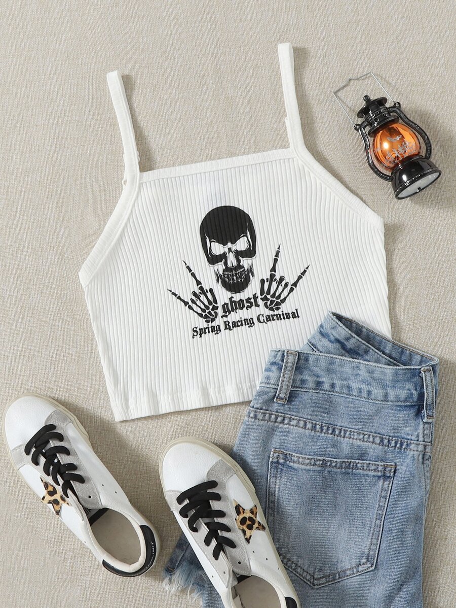 SHEIN EZwear Letter and Skull Print Rib-knit Crop Cami Top - White - View 1