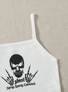 SHEIN EZwear Letter and Skull Print Rib-knit Crop Cami Top - White - View 3