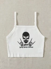 SHEIN EZwear Letter and Skull Print Rib-knit Crop Cami Top - White - View 5