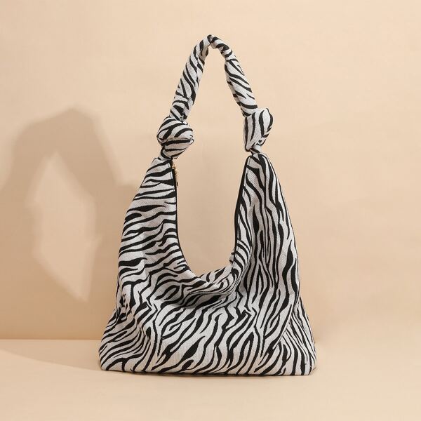 

Zebra Striped Pattern Knot Detail Shoulder Bag, Black and white