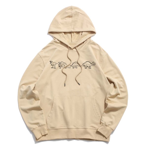 

Men Dinosaur Print Kangaroo Pocket Drawstring Hoodie, Apricot