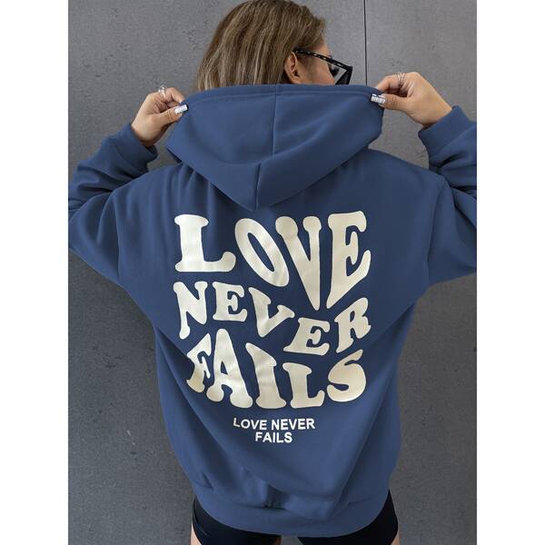 

Slogan Graphic Drop Shoulder Drawstring Hoodie, Navy blue