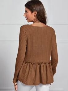 SHEIN Frenchy 褶邊荷葉邊下擺T恤 - 咖啡棕 - 查看 2