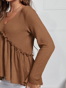 SHEIN Frenchy 褶邊荷葉邊下擺T恤 - 咖啡棕 - 查看 3