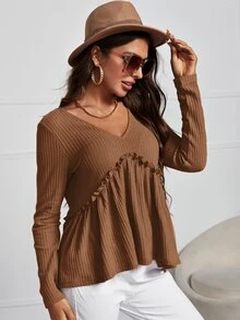 SHEIN Frenchy 褶邊荷葉邊下擺T恤 - 咖啡棕 - 查看 4