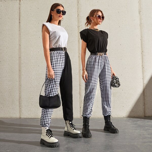 

1pc High Waist Gingham Sweatpants Without Belt, Black and white