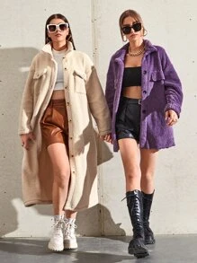 SHEIN 1pc Single Breasted Flap Detail Teddy Coat - Purple - View 1