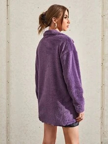 SHEIN 1pc Single Breasted Flap Detail Teddy Coat - Purple - View 2