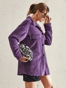 SHEIN 1pc Single Breasted Flap Detail Teddy Coat - Purple - View 3