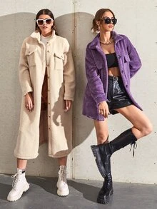 SHEIN 1pc Single Breasted Flap Detail Teddy Coat - Purple - View 5