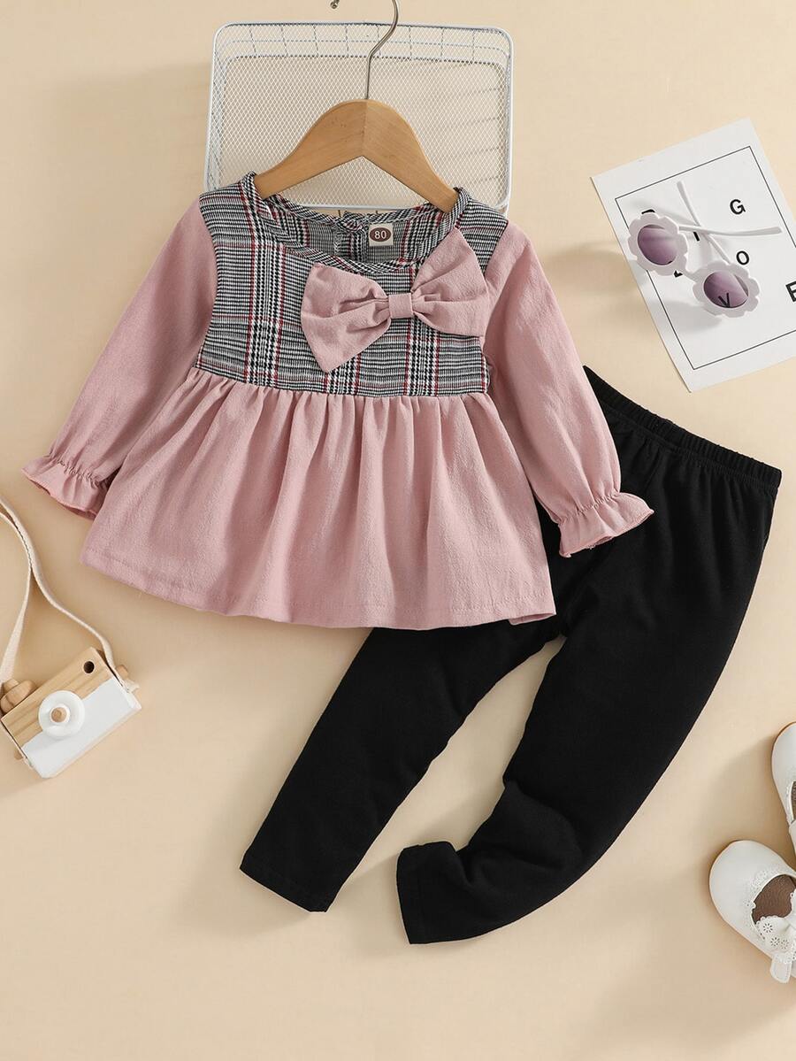 小女童格紋前蝴蝶結荷葉袖上衣和緊身打底褲