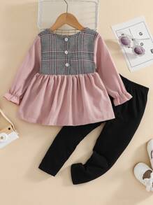 小女童格紋前蝴蝶結荷葉袖上衣和緊身打底褲