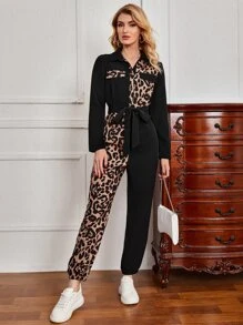 SHEIN 豹紋拼接腰帶連身褲 - 彩色 - 查看 1