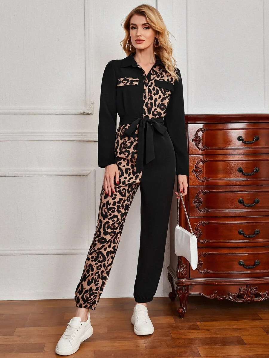 SHEIN 豹紋拼接腰帶連身褲 - 彩色 - 查看 1